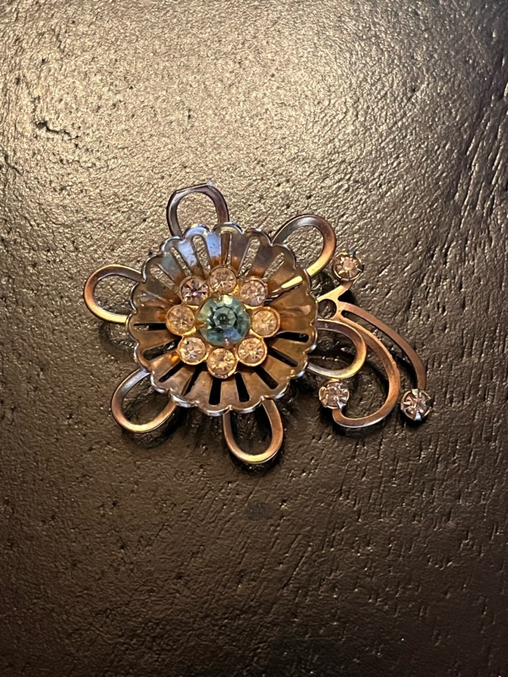 Vintage Floral Rhinestone Brooch Gold Tone with Aqua Center